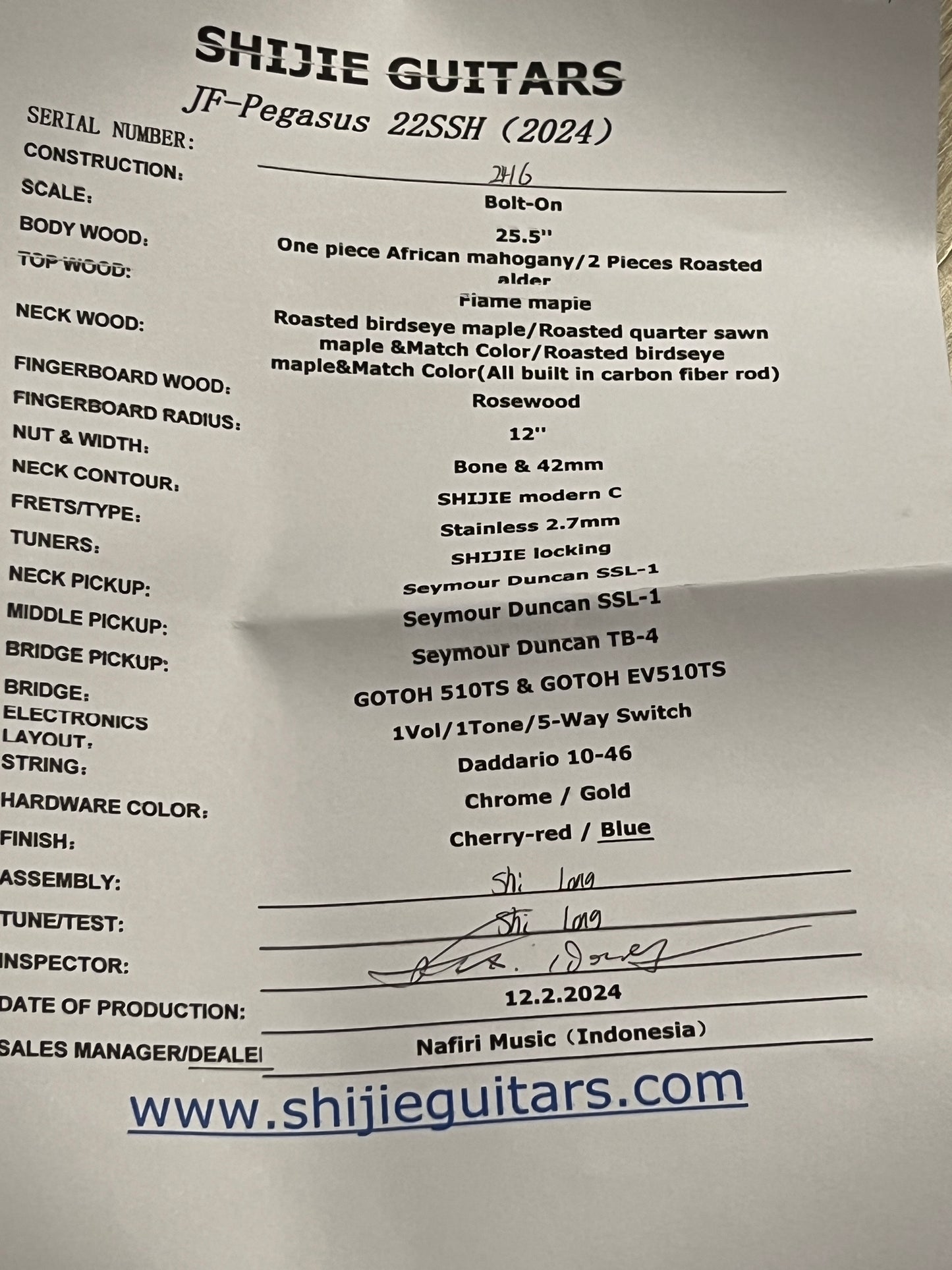 Shijie JF-PEGASUS 22 HSS Custom Shop in Transparent Blue Burst 2416