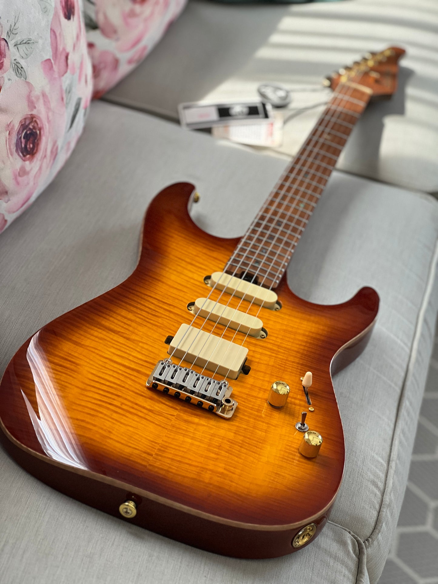Soloking MS-1 Custom 22 HSS Flat Top One Piece Roasted Flame Neck in Bengal Burst Nafiri Special Run
