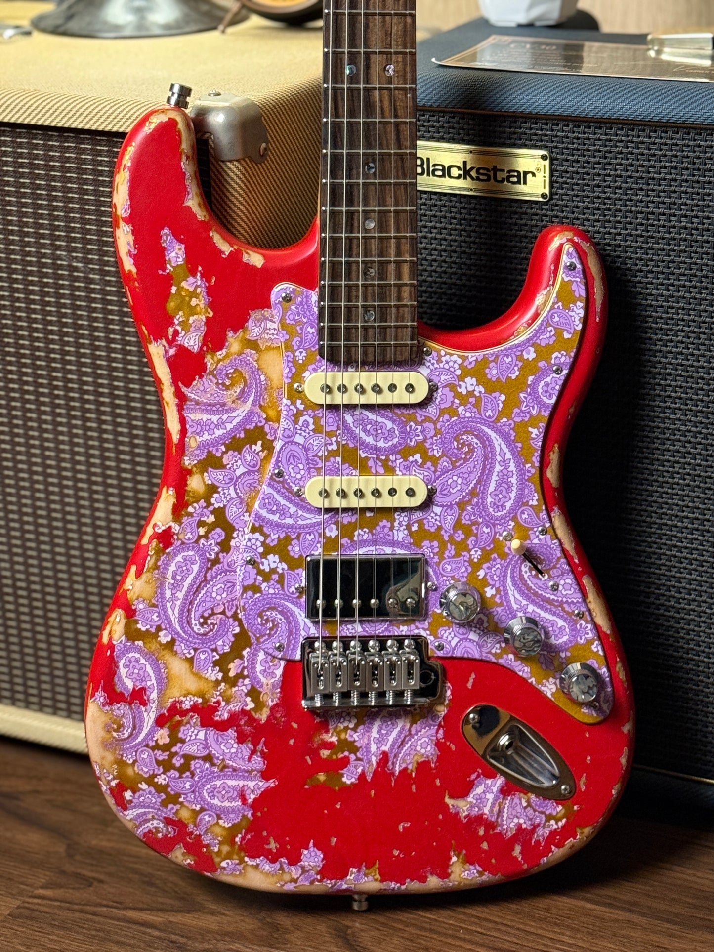 Dhatarattha Classic DST HSS in Candy Apple Red over Purple Paisley with Rosewood FB and Nitrocellulose Lacquer Relic