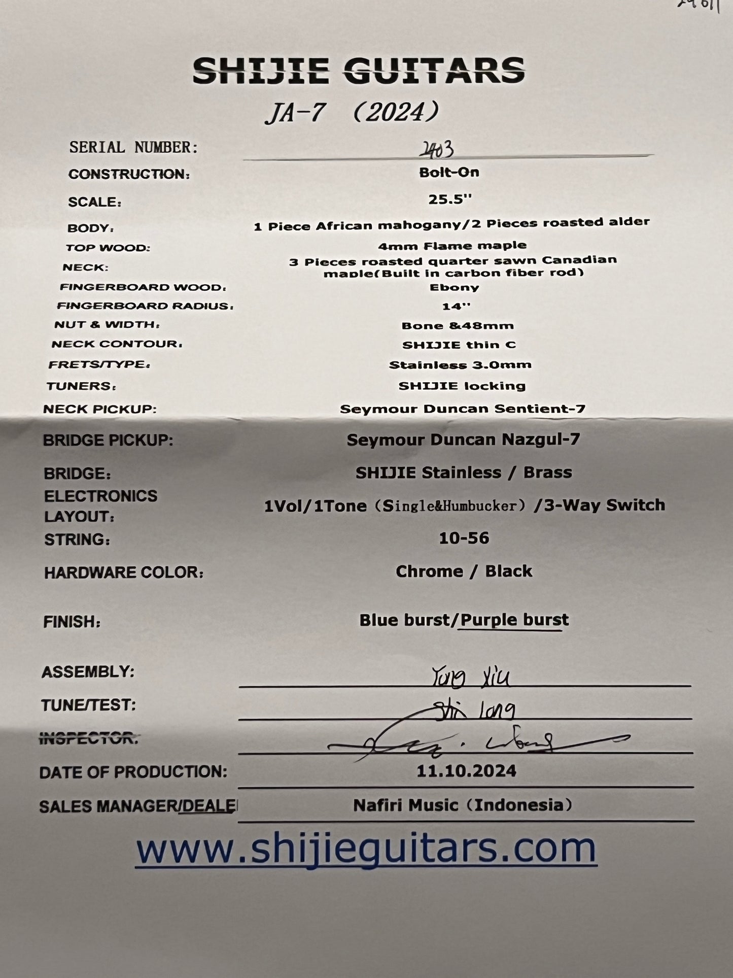 Shijie JA-7 Custom Shop in Transparent Purple Burst 2403