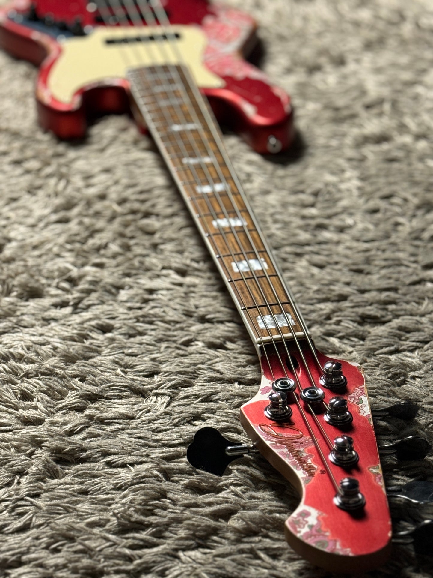 Dhatarattha Custom DEB 5 String Bass in Candy Apple Red over Pink Paisley with RW FB and Nitrocellulose Lacquer Relic