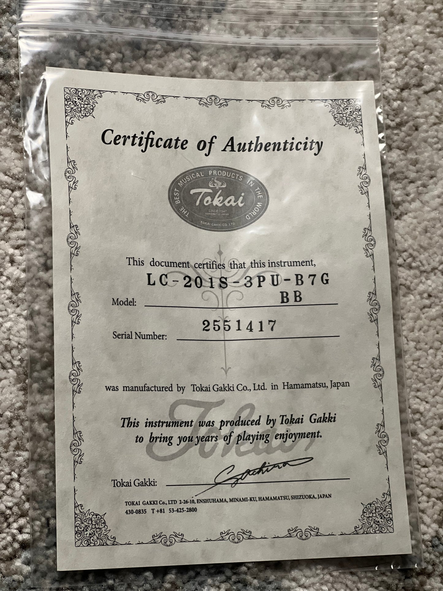 Tokai Love Rock Japan LC-201S-3PU-B7G BB in Black Custom Shop Series 2551417