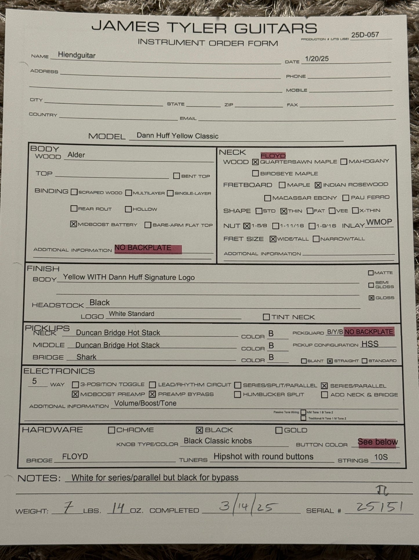 James Tyler Dann Huff Yellow Classic – Yellow 25151