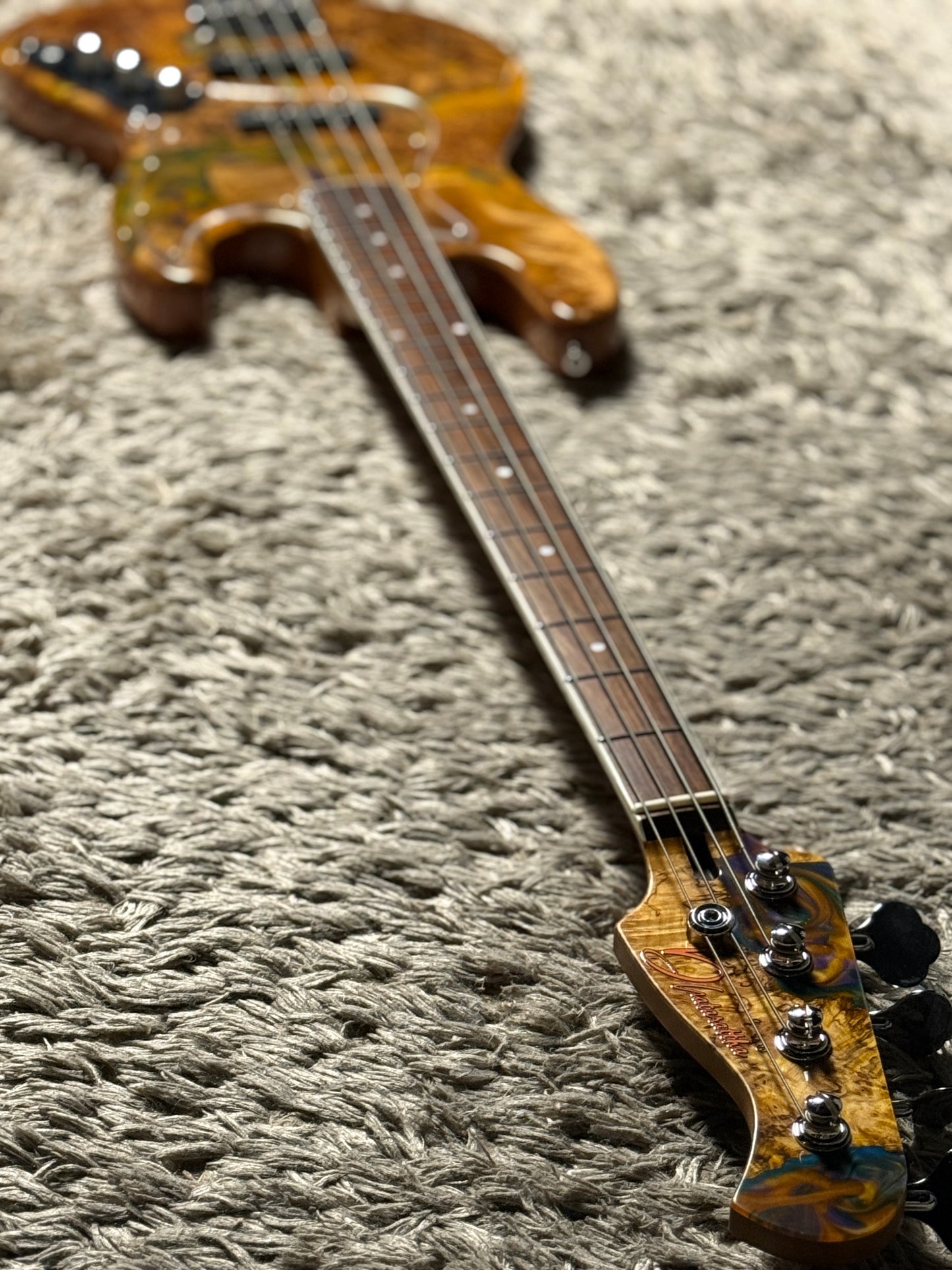 Dhatarattha Custom DEB 4 String Bass in Cosmic Burl Top and African Mahogany Back