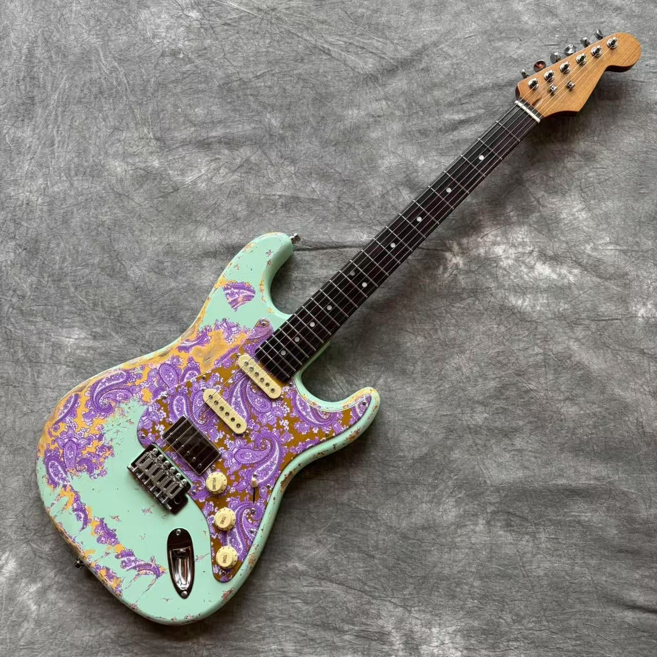 Dhatarattha Classic DST HSS in Surf Green over Purple Paisley with Rosewood FB and Nitrocellulose Lacquer Relic