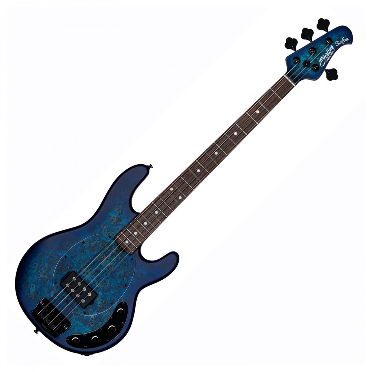 Sterling by Music Man Ray34 Poplar Burl Top 4-String Bass in Neptune Blue Satin