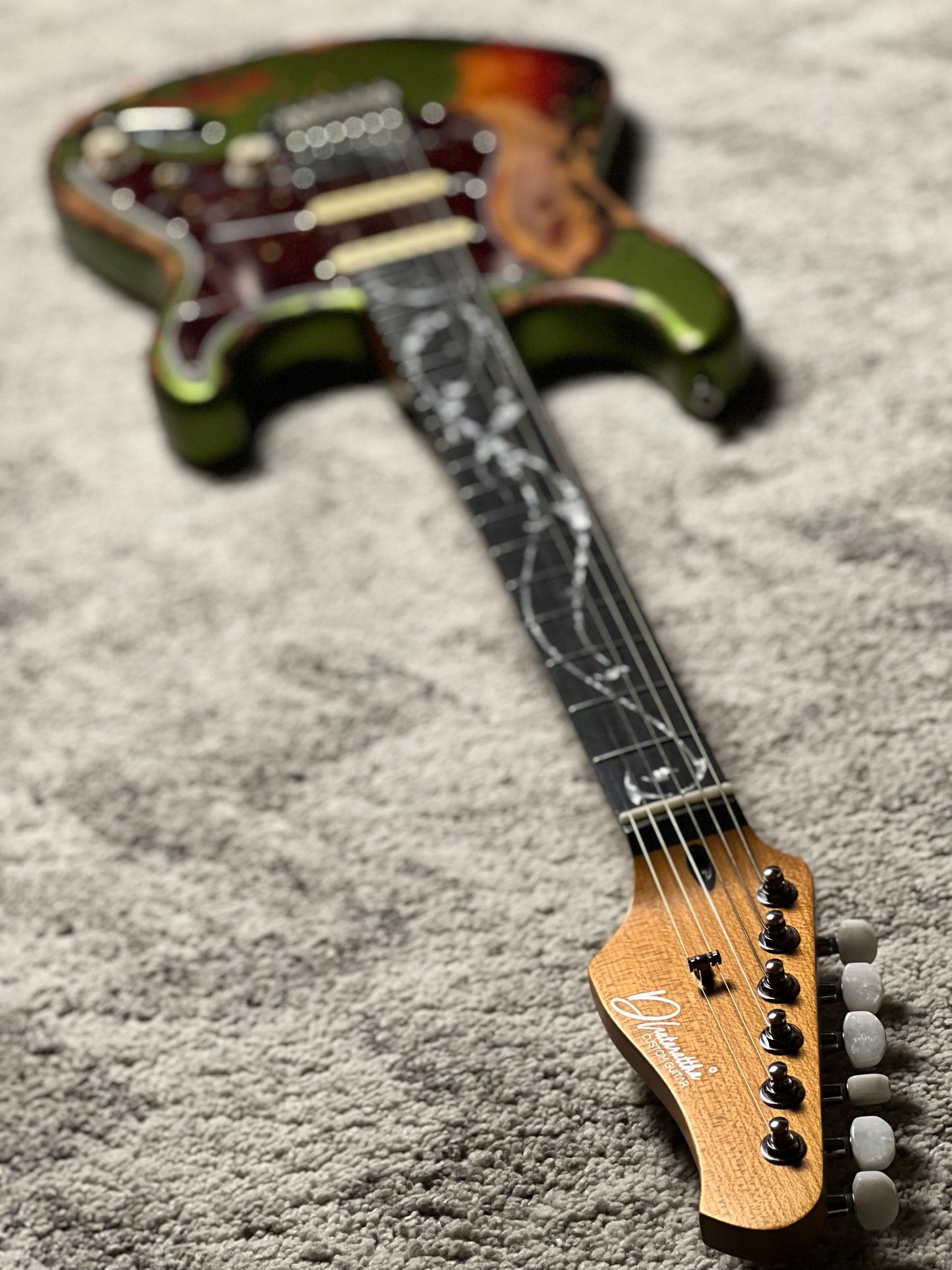 Dhatarattha Classic DST HSS in Godwood Green Over Sunburst with Rosewood FB and Vines Artwork Inlay