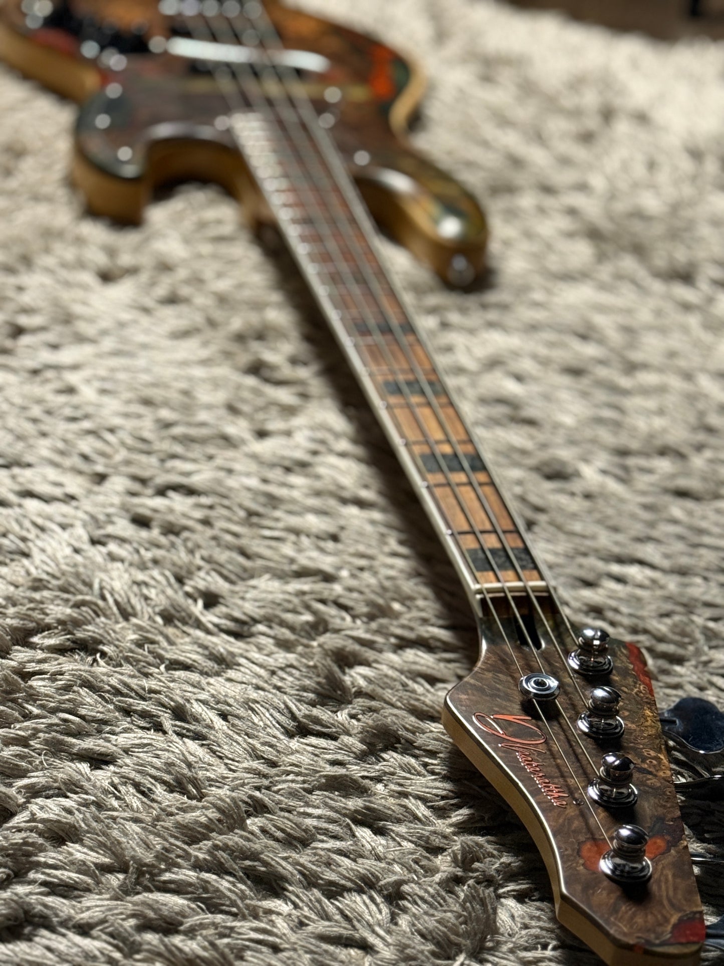 Dhatarattha Custom DEB 4 String Bass in Buckeye Burl Top and Ash Back
