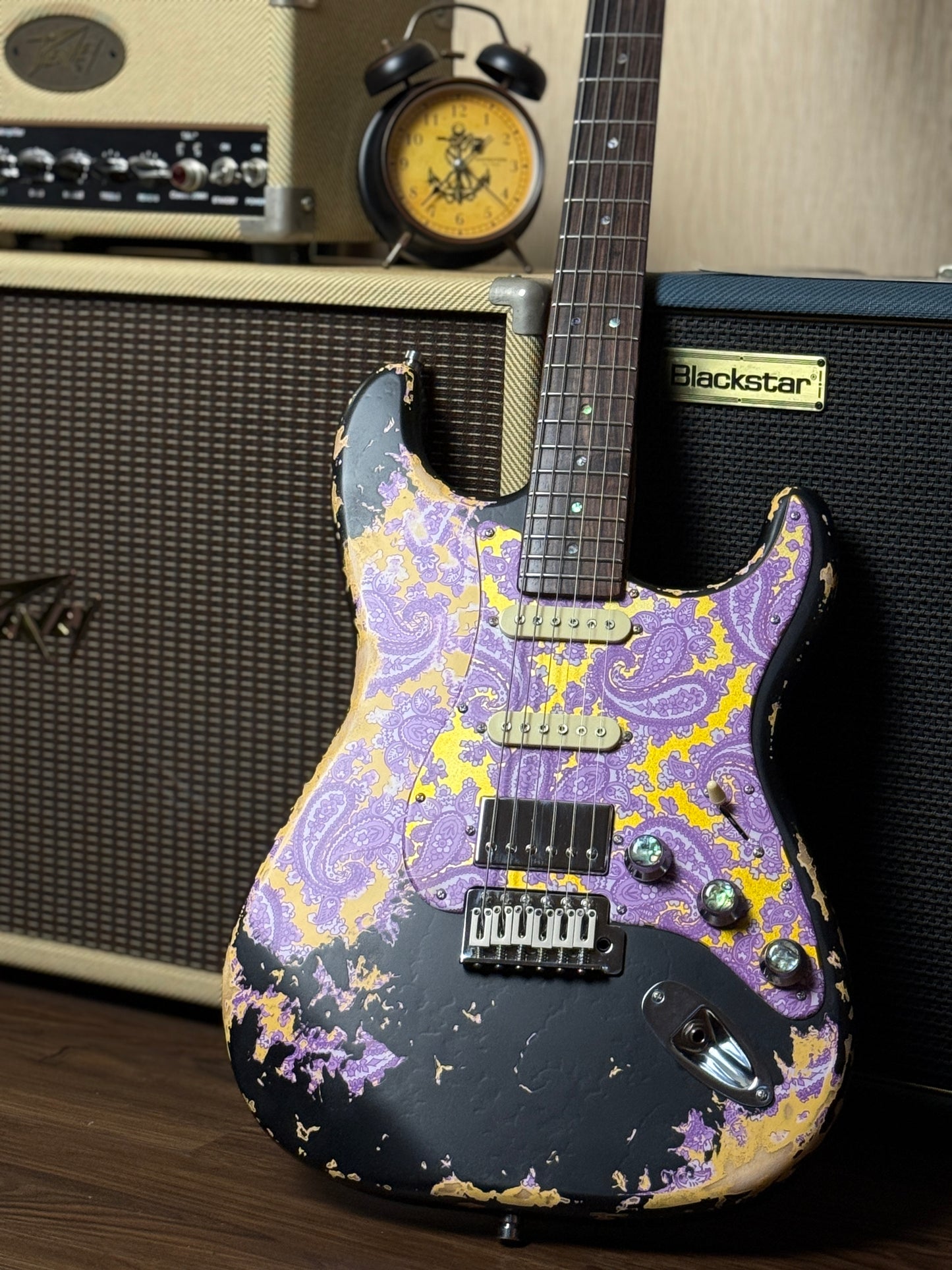Dhatarattha Classic DST HSS in Black over Purple Paisley with Rosewood FB and Nitrocellulose Lacquer Relic