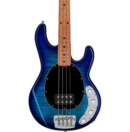 Sterling by Music Man Ray34 Flame Maple Top Bass in Neptune Blue
