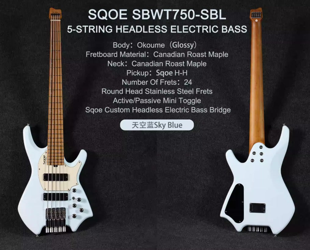 SQOE SBWT750 SBL Warrior 5-String Headless Bass in Sonic Blue