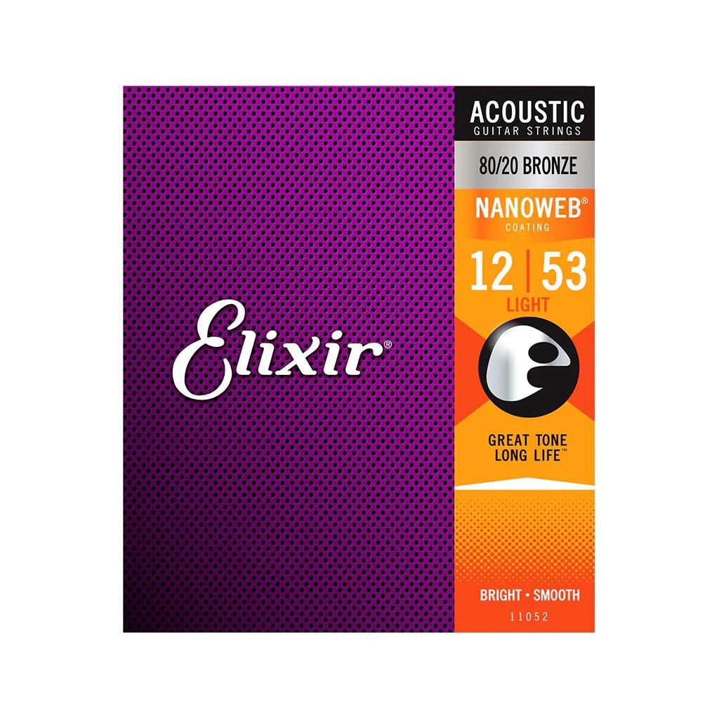 Elixir 11052 Nanoweb 80/20 Bronze Acoustic Guitar Strings, Light, 12-53