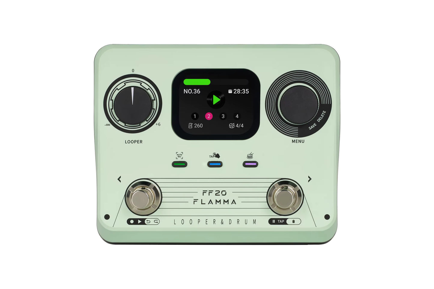 Flamma FF20 Stereo Dual Footswitch Looper Drum Machine Pedal in Mint Green