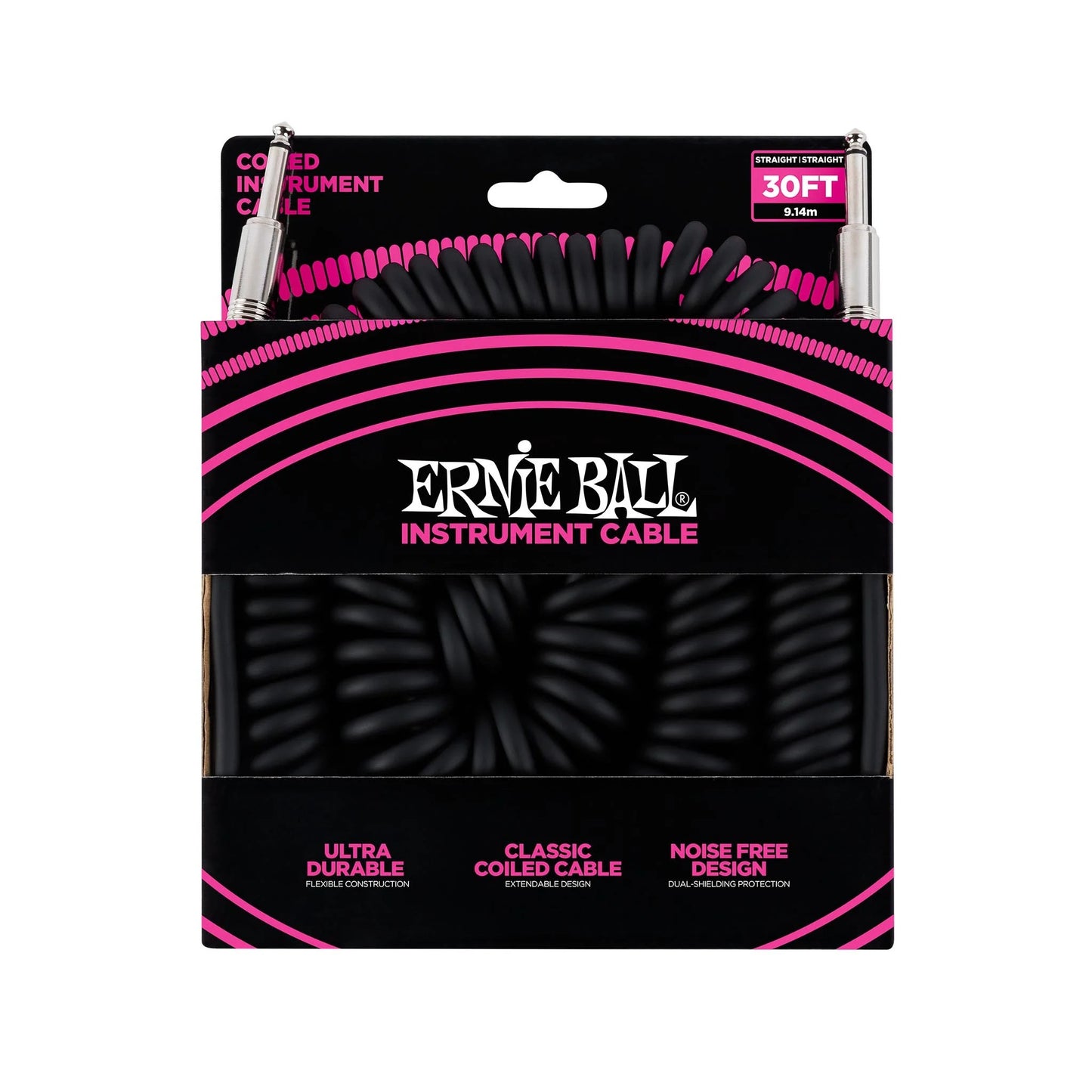 Ernie Ball 30' Coiled Straight to Straight Instrument Cable in Black