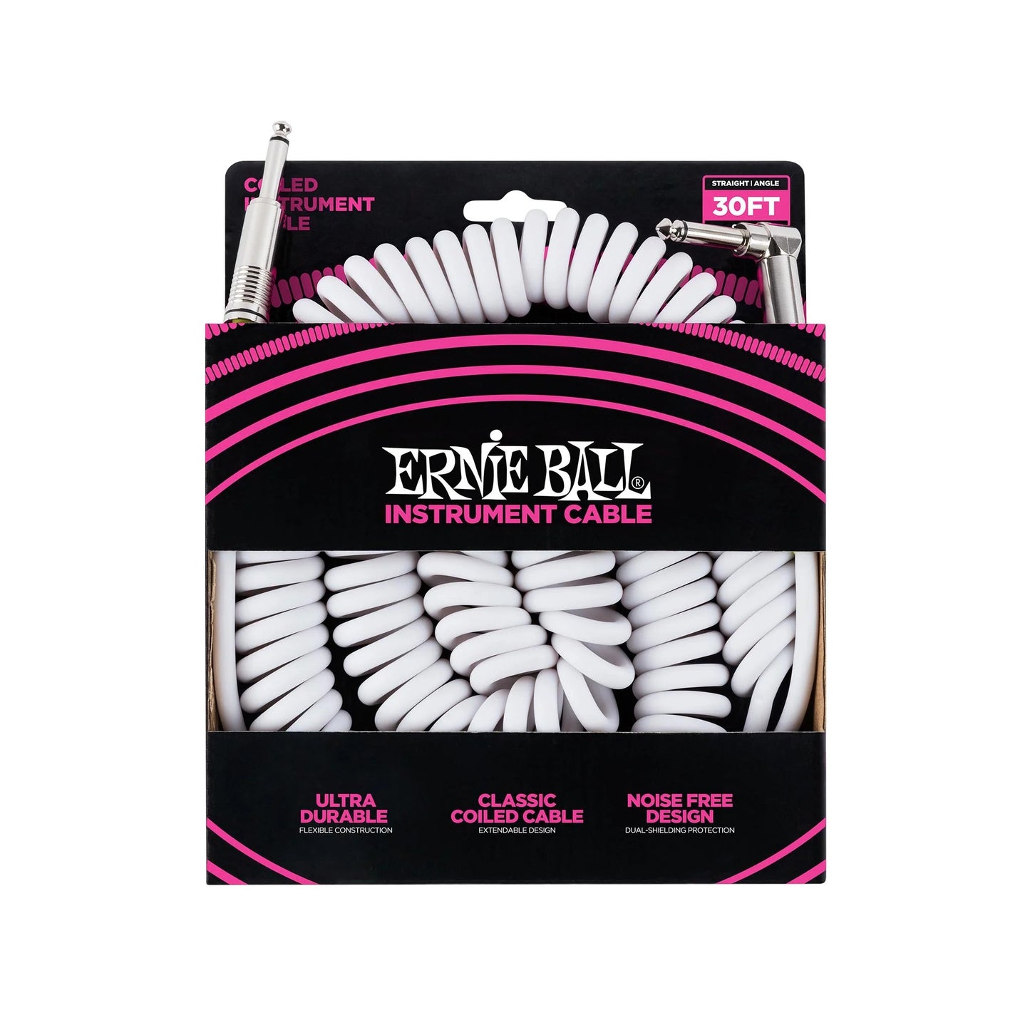 Ernie Ball 30' Coiled Straight to Angled Instrument Cable in White