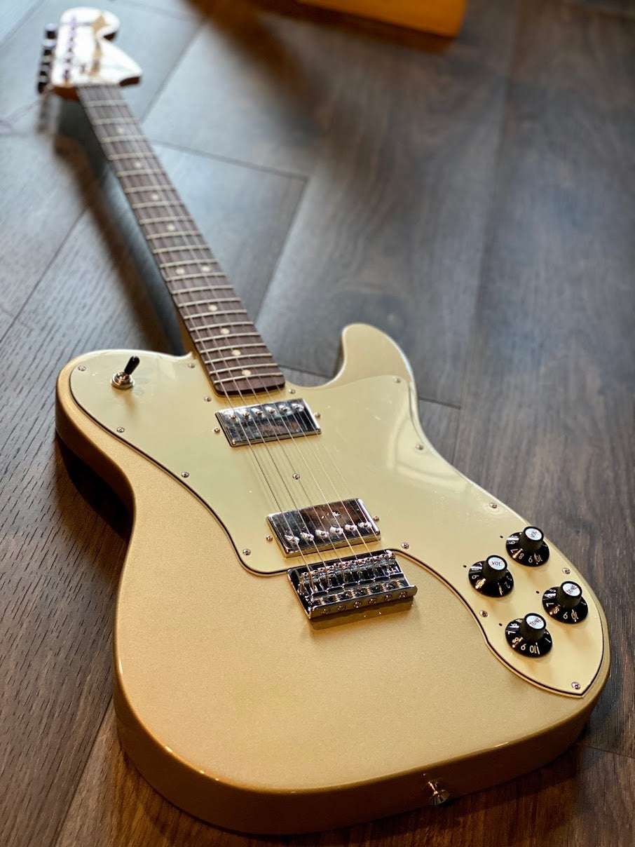 chris shiflett gear Fender Chris Shiflett Telecaster Deluxe with Case in Shoreline Gold – nafiriguitar.com