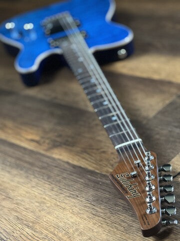 Soloking MT-1 Custom 24 Quilt สี Seethru Blue พร้อมคอคั่วและ Rosewood FB