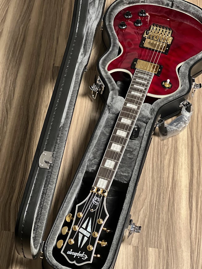Epiphone Les Paul Custom Alex Lifeson Axcess Quilt in Ruby with Hard Case