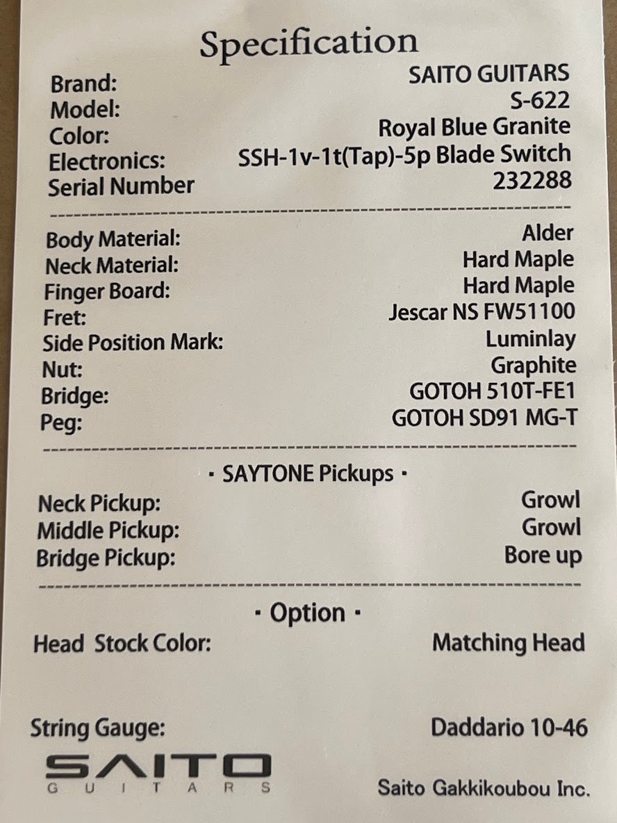 Saito S-622 SSH with Hard Maple in Royal Blue Granite 232288