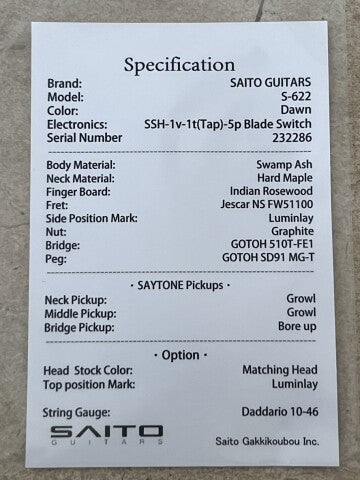 Saito S-622 SSH with Rosewood in Dawn 232286