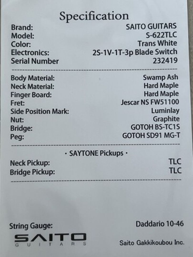 Saito S-622 TLC with Maple in Trans White with Gold Hardware 232419