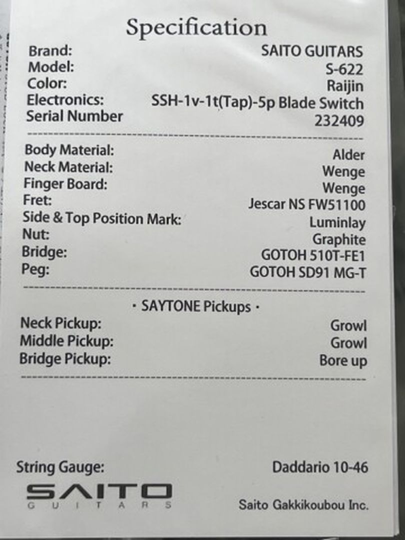 Saito S-622 SSH with Rosewood in Raijin 232409