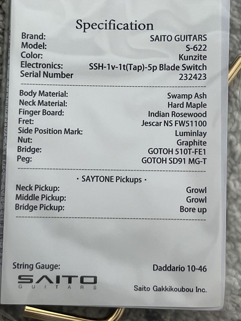 Saito S-622 SSH with Rosewood and Gold Hardware in Kunzite 232423