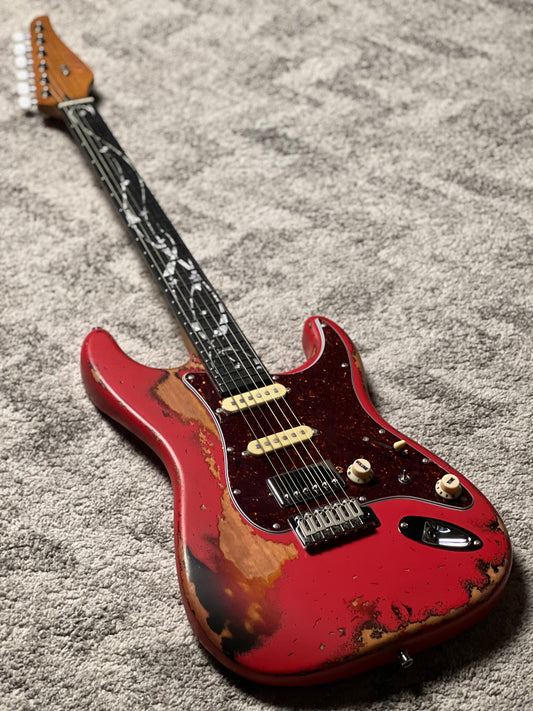 Dhatarattha Classic DST HSS in Fiesta Red Over Sunburst with Rosewood FB and Vines Artwork Inlay