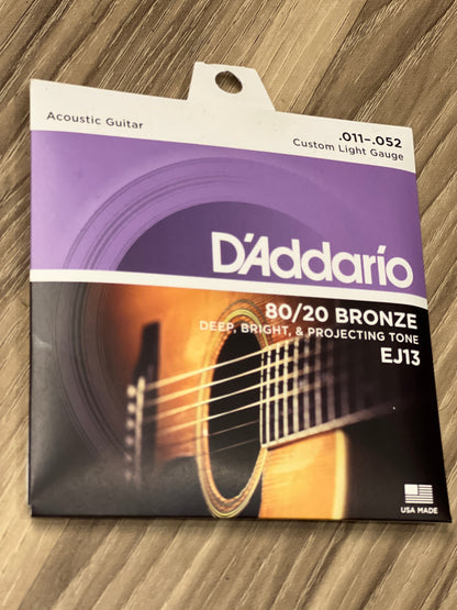 D'Addario EJ13 80/20 Bronze Acoustic Guitar Strings, Custom Light, 11-52