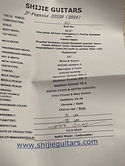 Shijie JF-PEGASUS 22 HSS Custom Shop in Transparent Blue Burst 2416