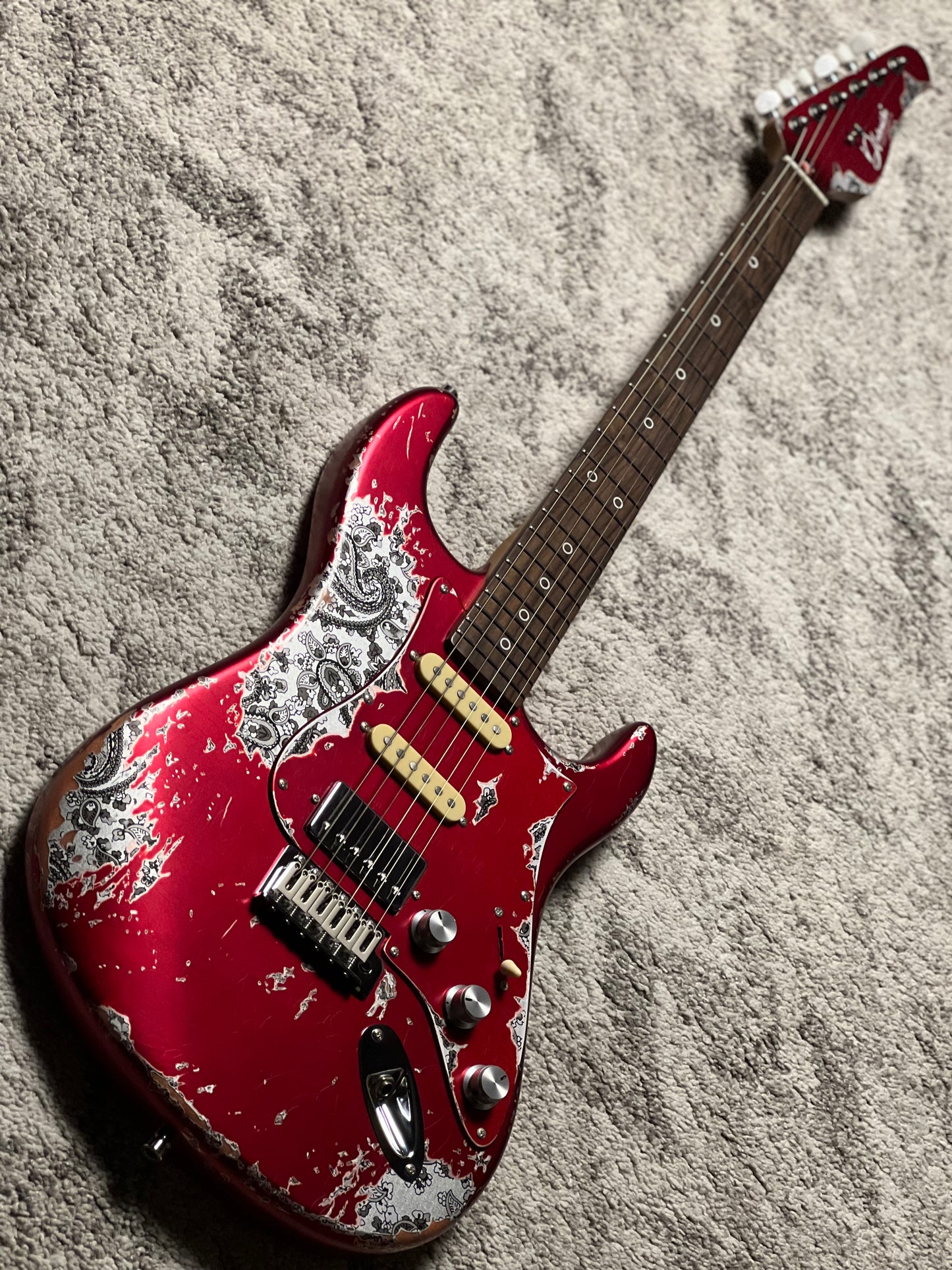 Dhatarattha Performance DST HSS in Candy Apple Red over Black Paisley with RW FB and Nitrocellulose Lacquer Relic