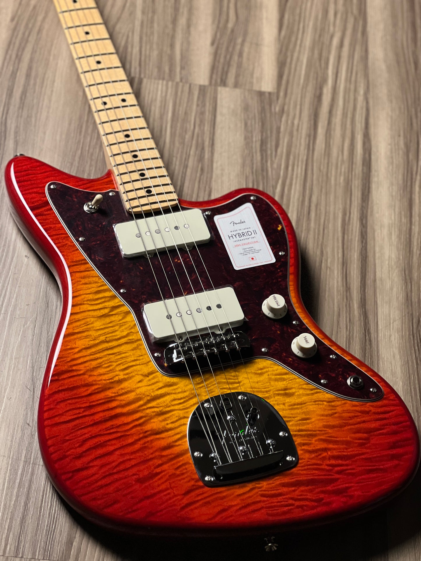 Fender Japan Hybrid II Jazzmaster with Maple FB in Flame Sunset Orange Transparent JD24006522