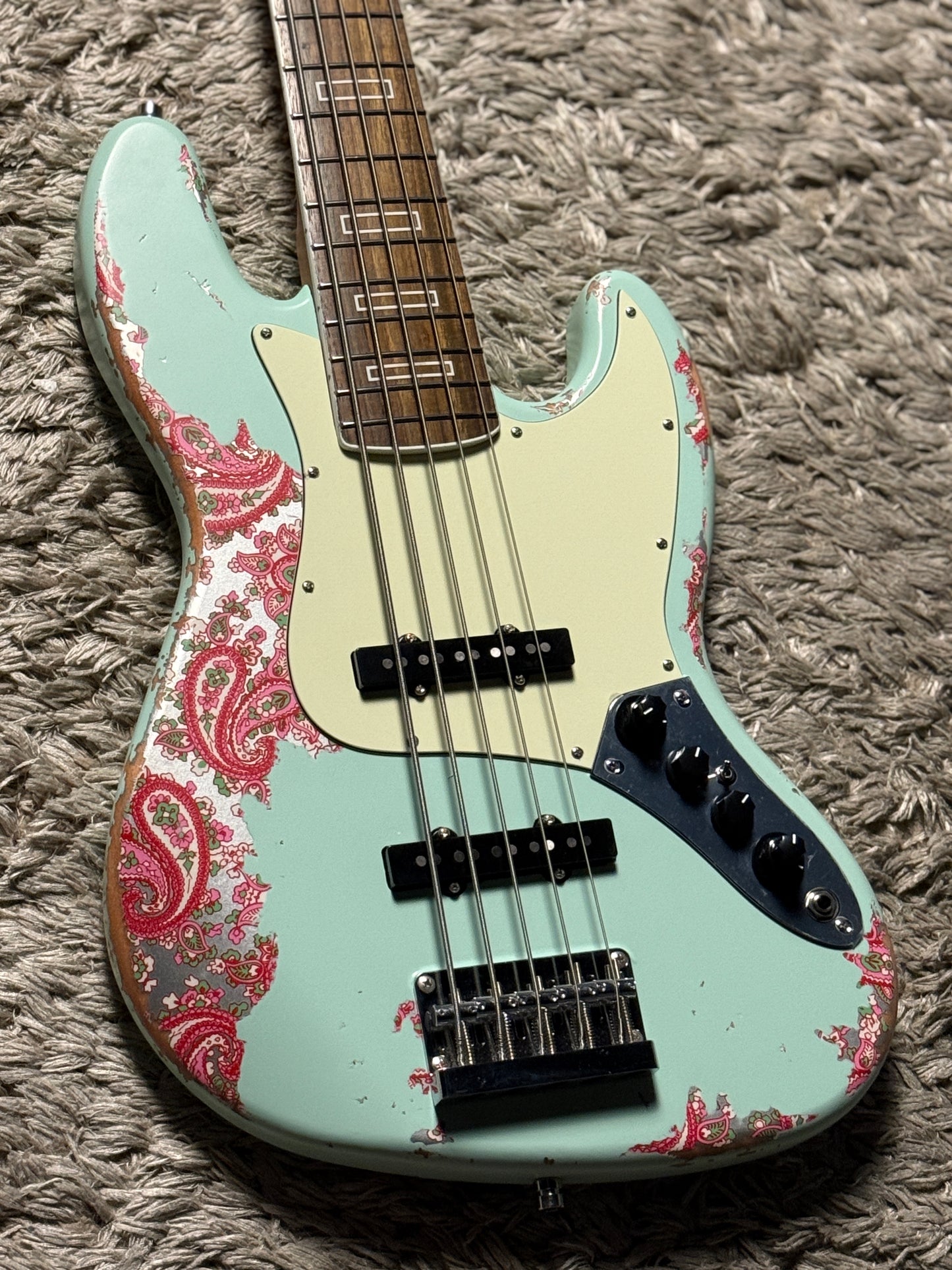 Dhatarattha Custom DEB 5 String Bass in Surf Green over Pink Paisley with RW FB and Nitrocellulose Lacquer Relic
