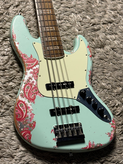 Dhatarattha Custom DEB 5 String Bass in Surf Green over Pink Paisley with RW FB and Nitrocellulose Lacquer Relic
