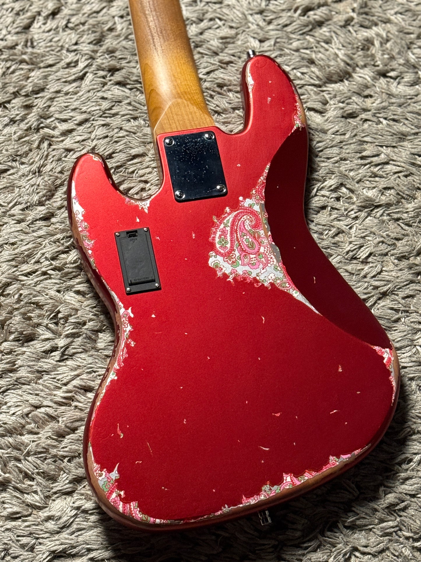 Dhatarattha Custom DEB 5 String Bass in Candy Apple Red over Pink Paisley with RW FB and Nitrocellulose Lacquer Relic