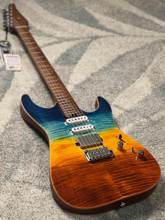 Soloking MS-1 Custom 24 HSS FMN with Roasted Flame Maple Neck in Beach Sunset Surf Fade JESCAR