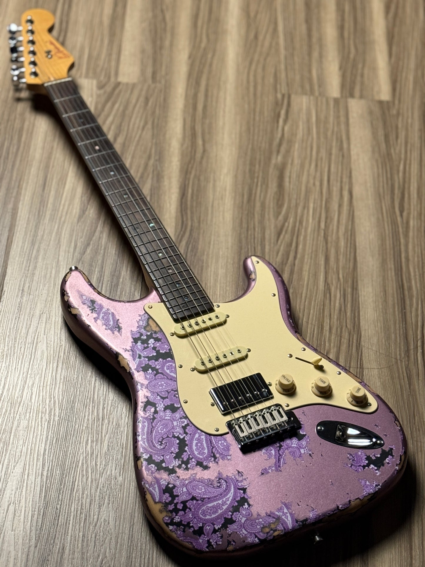 Dhatarattha Classic DST HSS in Violet over Black Purple Paisley with Rosewood FB and Nitrocellulose Lacquer Relic