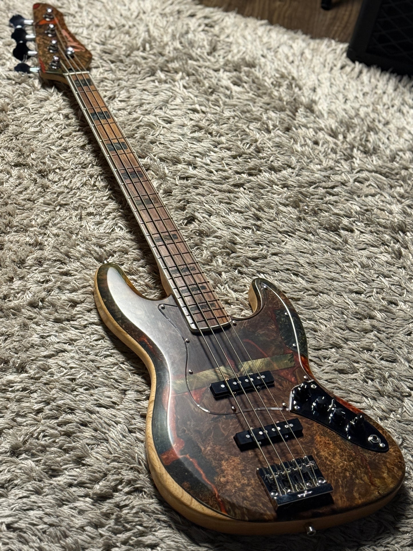 Dhatarattha Custom DEB 4 String Bass in Buckeye Burl Top and Ash Back