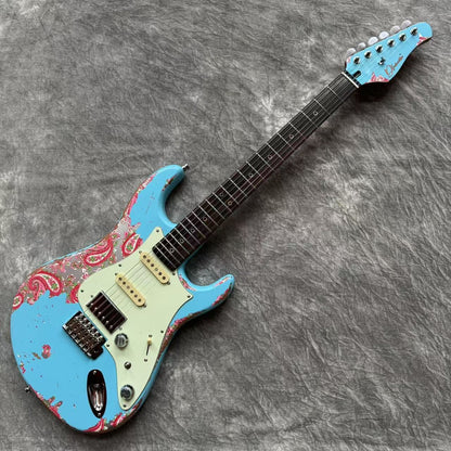 Dhatarattha Performance DST HSS in Daphne Blue over Pink Paisley with RW FB and Nitrocellulose Lacquer Relic