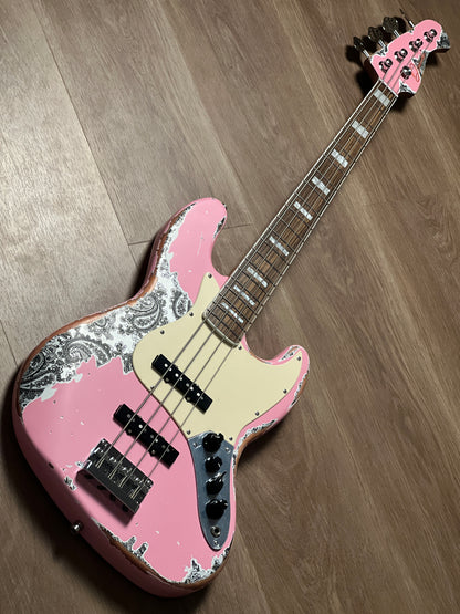 Dhatarattha Custom DEB 4 String Bass in Shell Pink Over Black Paisley with Nitrocellulose Lacquer Relic