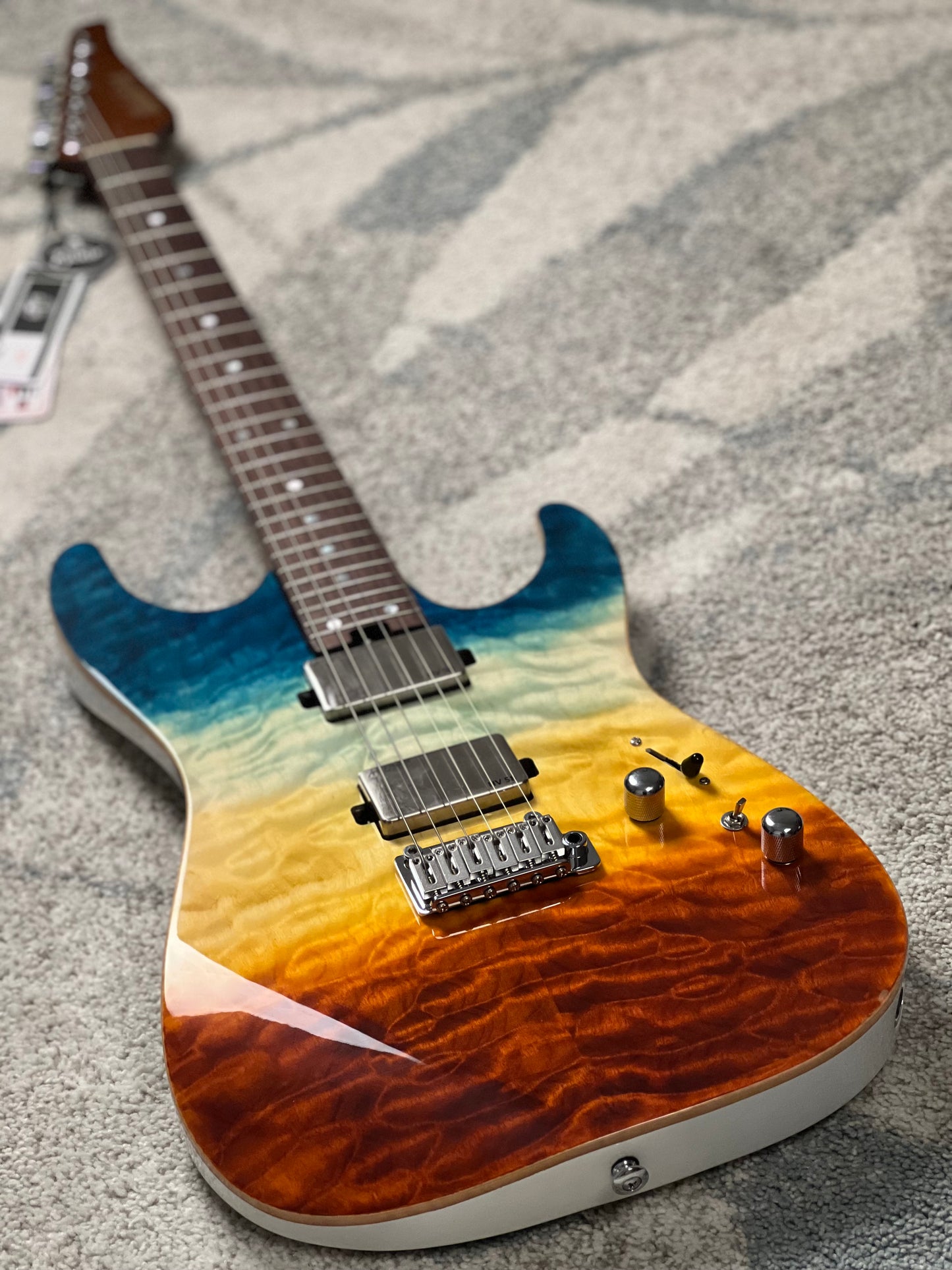 Soloking MS-1 Custom 24 HH Quilt Top with Rosewood FB in Beach Sunset Surf Fade JESCAR
