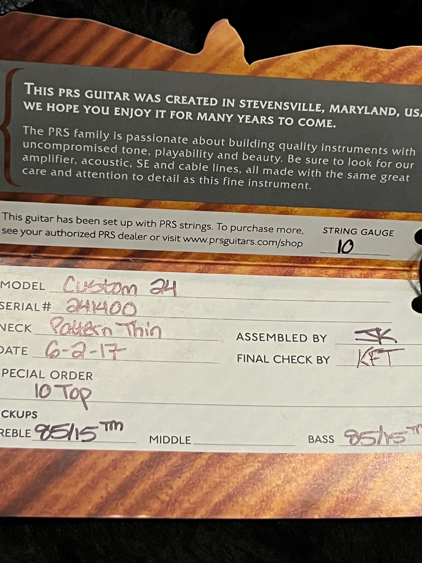 PRS Custom 24 10 Top In Charcoal Cherry With Stained Flame Neck 241400