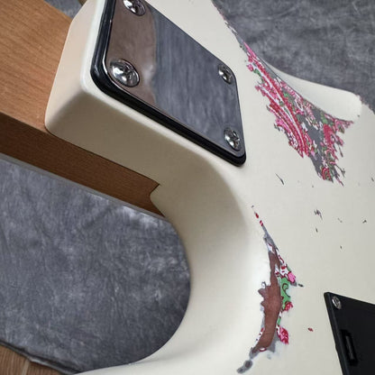 Dhatarattha Custom DEB 4 String Bass in Olympic White over Pink Paisley with RW FB with Nitrocellulose Lacquer Relic