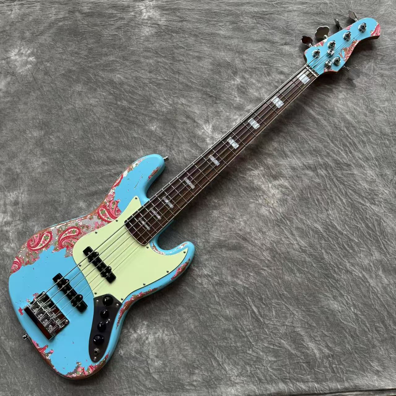 Dhatarattha Custom DEB 5 String Bass in Daphne Blue over Pink Paisley with RW FB and Nitrocellulose Lacquer Relic