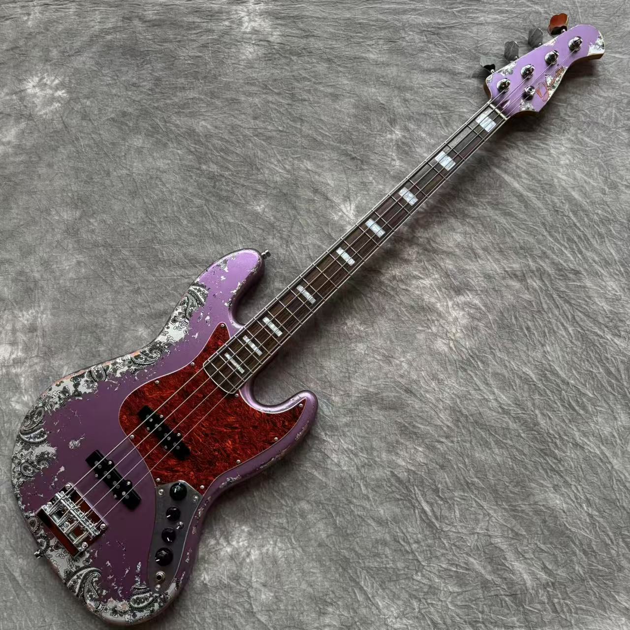 Dhatarattha Custom DEB 4 String Bass in Violet Purple over Black Paisley with RW FB with Nitrocellulose Lacquer Relic
