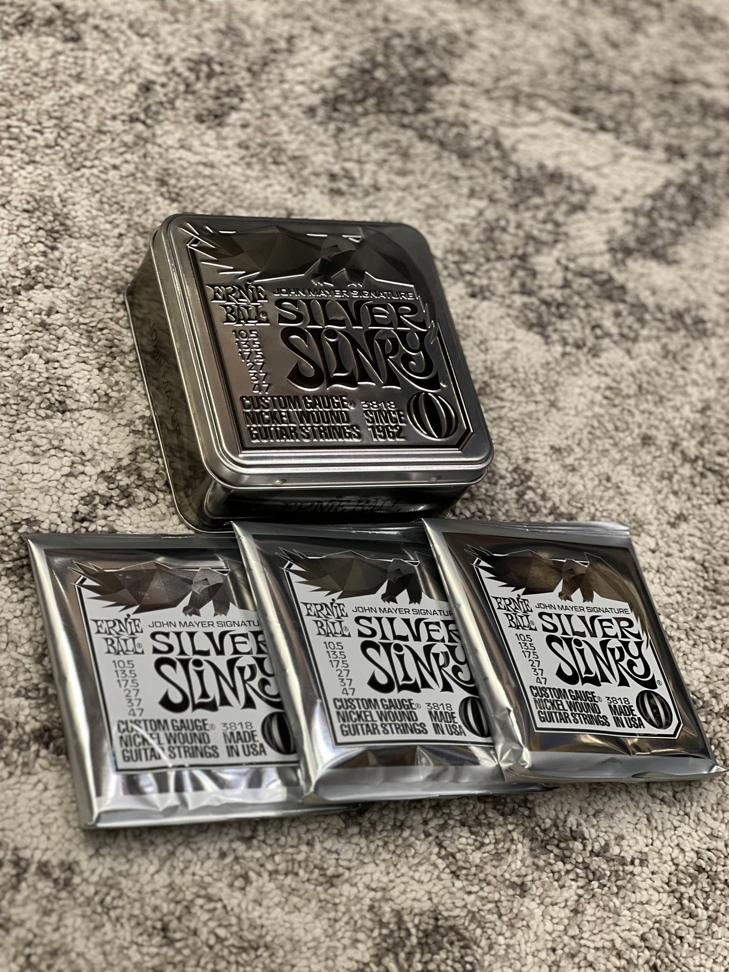 Ernie Ball John Mayer Silver Slinky Nickel Wound Electric Guitar Strings, 10.5-47, 3-Pack Tin