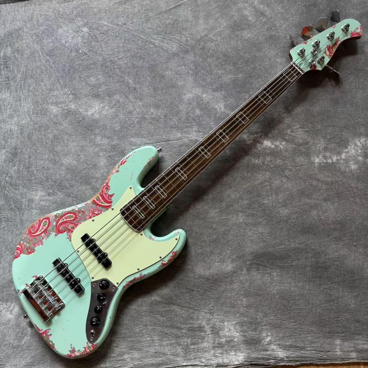 Dhatarattha Custom DEB 5 String Bass in Surf Green over Pink Paisley with RW FB and Nitrocellulose Lacquer Relic