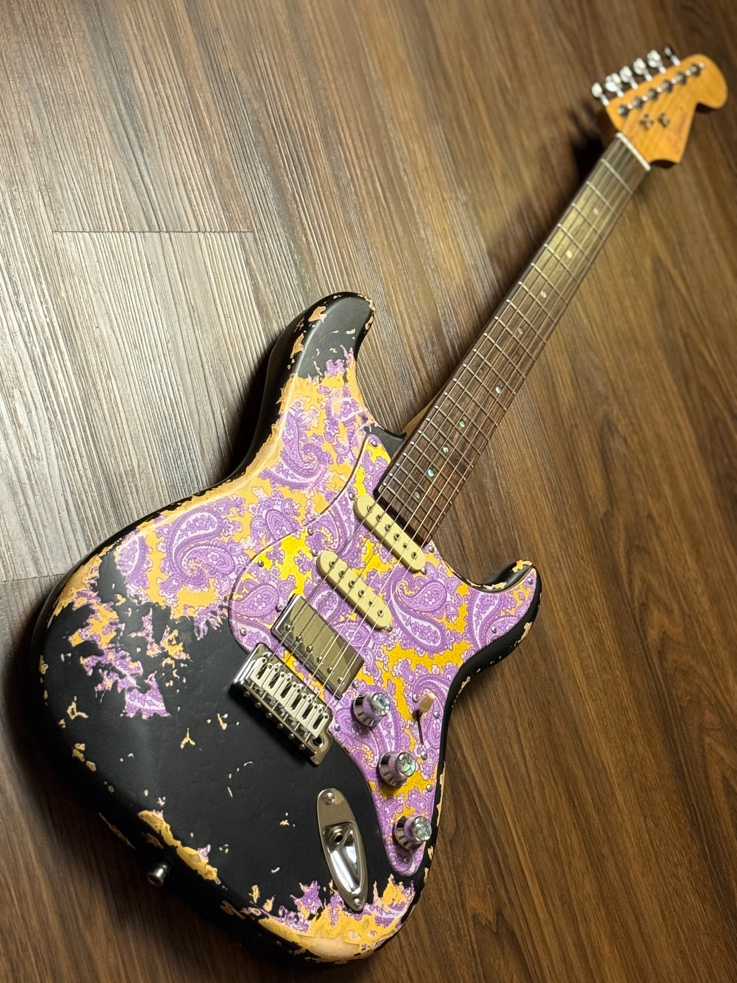 Dhatarattha Classic DST HSS in Black over Purple Paisley with Rosewood FB and Nitrocellulose Lacquer Relic