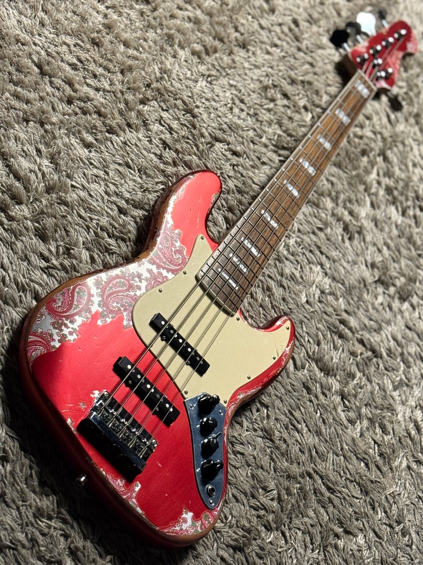 Dhatarattha Custom DEB 5 String Bass in Candy Apple Red over Pink Paisley with RW FB and Nitrocellulose Lacquer Relic