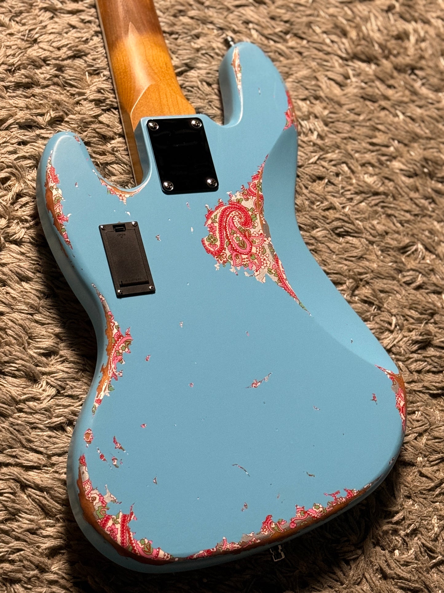 Dhatarattha Custom DEB 5 String Bass in Daphne Blue over Pink Paisley with RW FB and Nitrocellulose Lacquer Relic